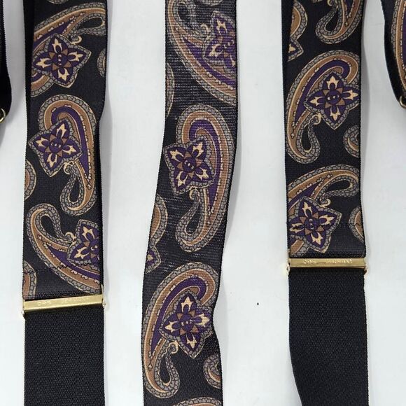 VTG CAS WEST GERMANY PAISLEY BLACK LEATHER GOLD STRETCH ADJUSTABLE SUSPENDERS - Picture 3 of 6